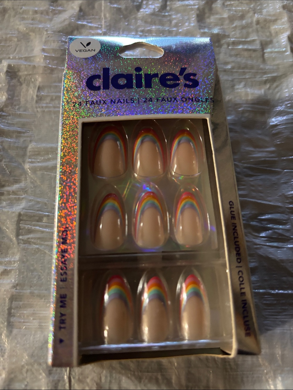 Claire's Nude Faux Nails with Rainbow Tip Accent